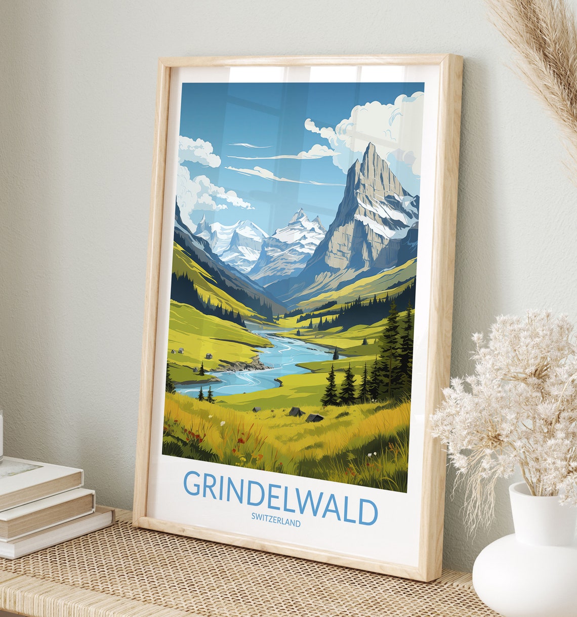 Grindelwald Switzerland Green Valley beneath Snow Peaks Poster