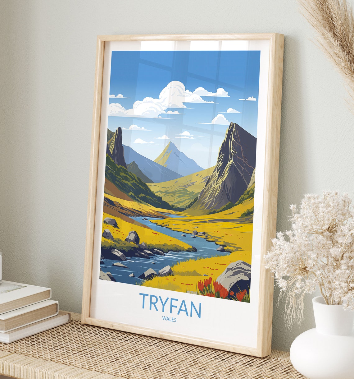 Tryfan Wales Golden Mountain Valley River Landscape Travel Poster