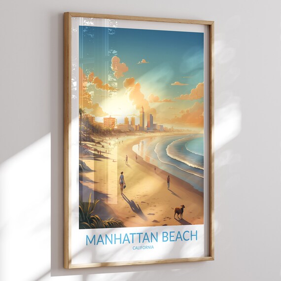 Manhattan Beach California Sunset Travel Poster with City Skyline Glow
