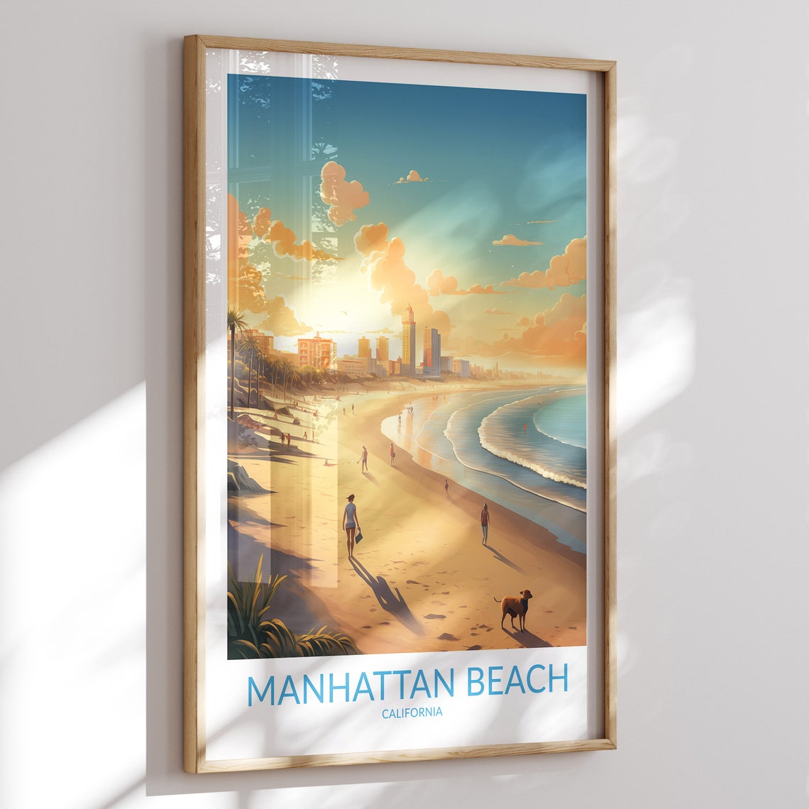 Manhattan Beach California Sunset Travel Poster with City Skyline Glow