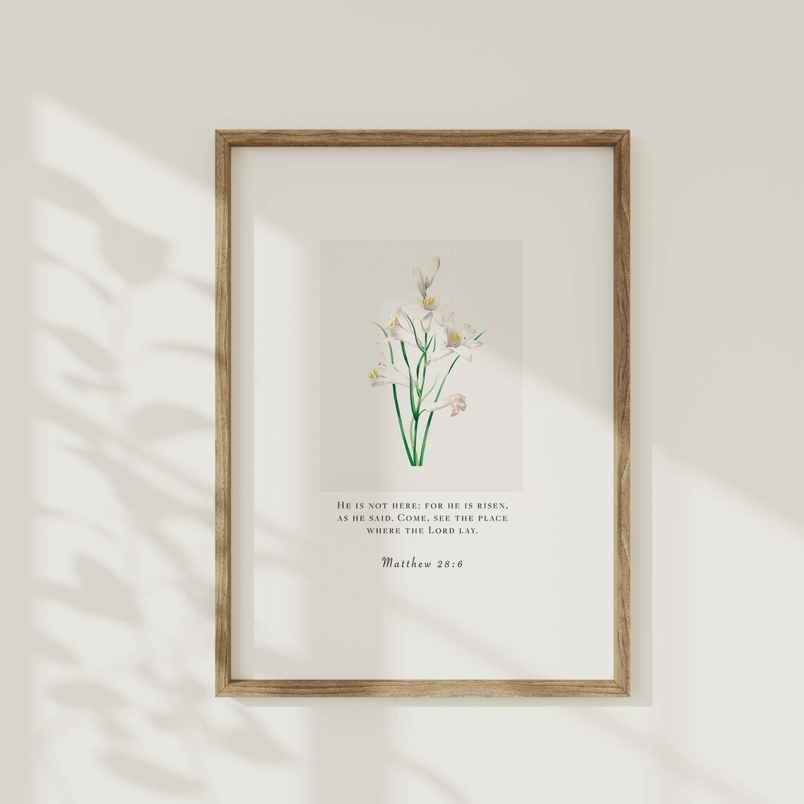 Matthew 28:6 He Is Risen White Lilies Botanical Easter Scripture Poster