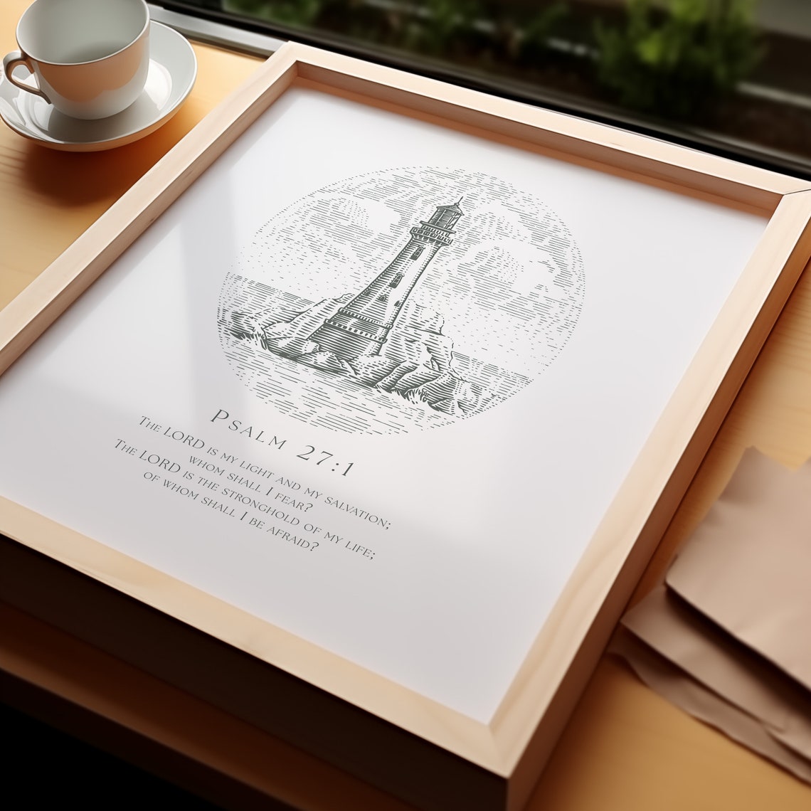 Psalm 27:1 Lighthouse Engraving Nautical Bible Verse Coastal Poster - Image 3