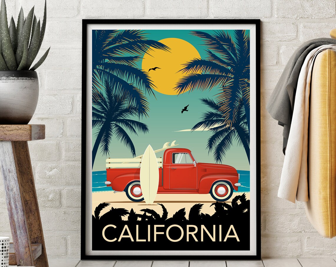California Retro Travel Poster, Coastal Wall Art
