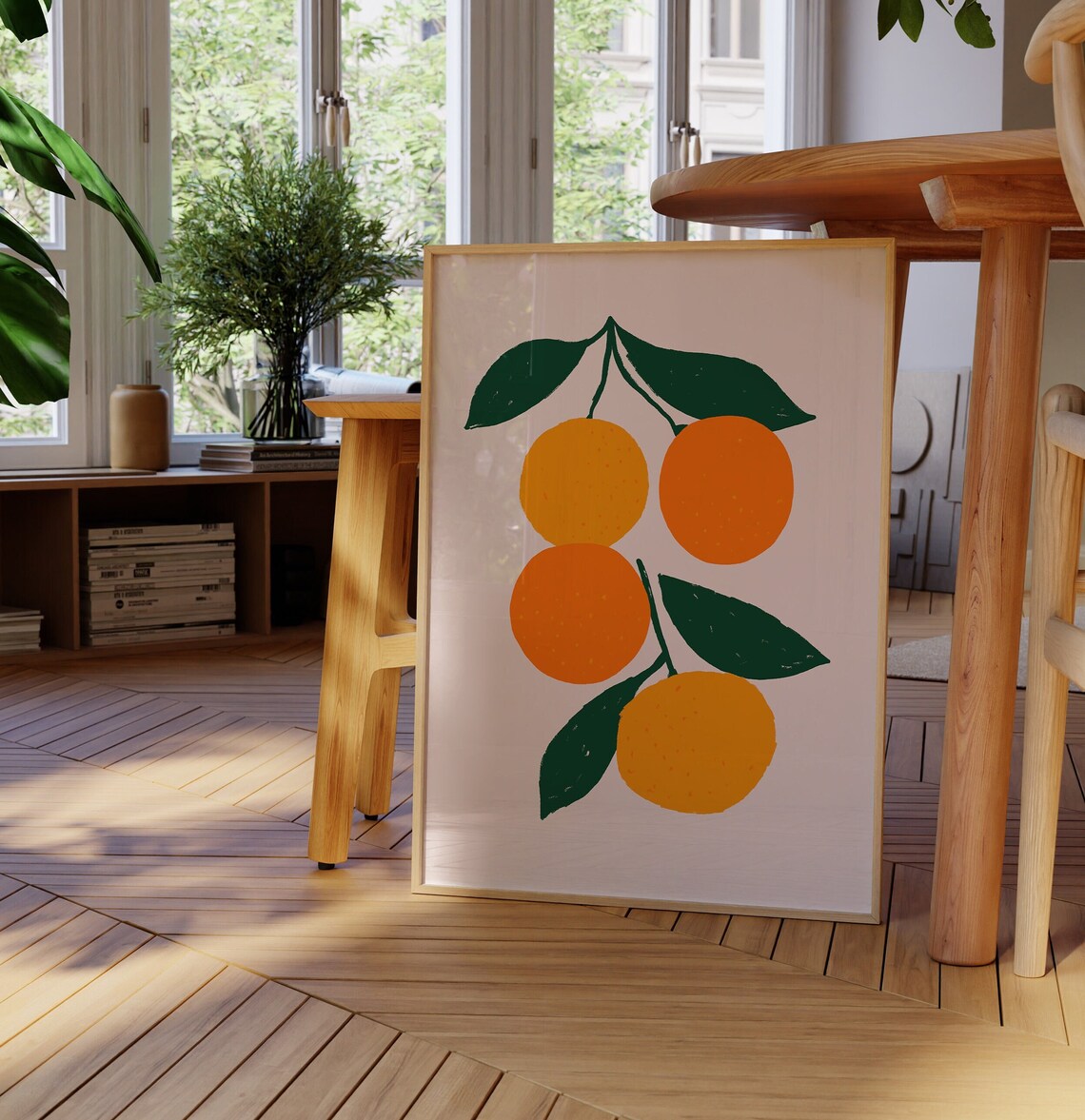 Four Bright Oranges Green Leaves Pink Background Fruit Art Poster - Image 3