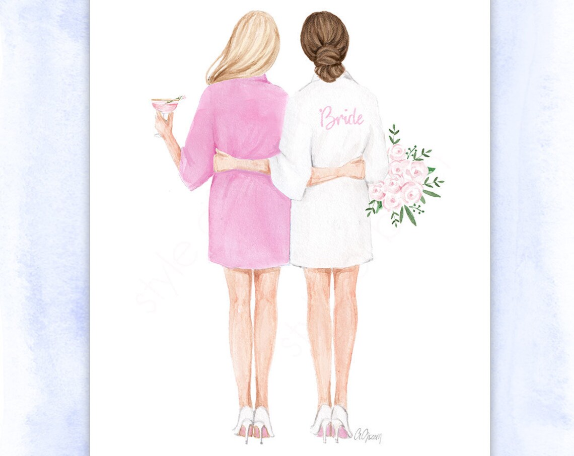 Bride and Bridesmaid in Pink Robes Bridal Party Watercolor Poster - Image 2