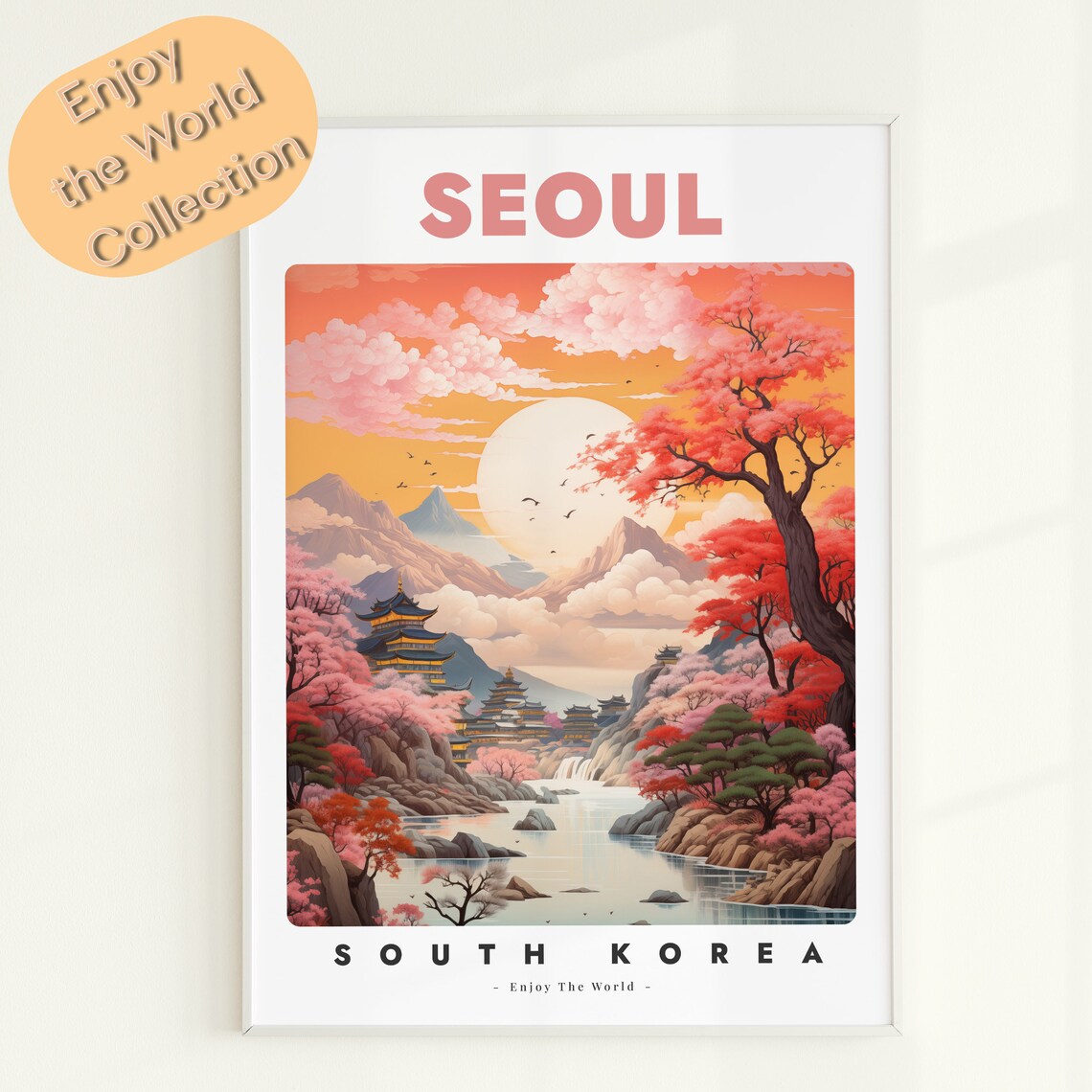 Seoul South Korea Cherry Blossom Temples Sunset Vintage Travel Poster