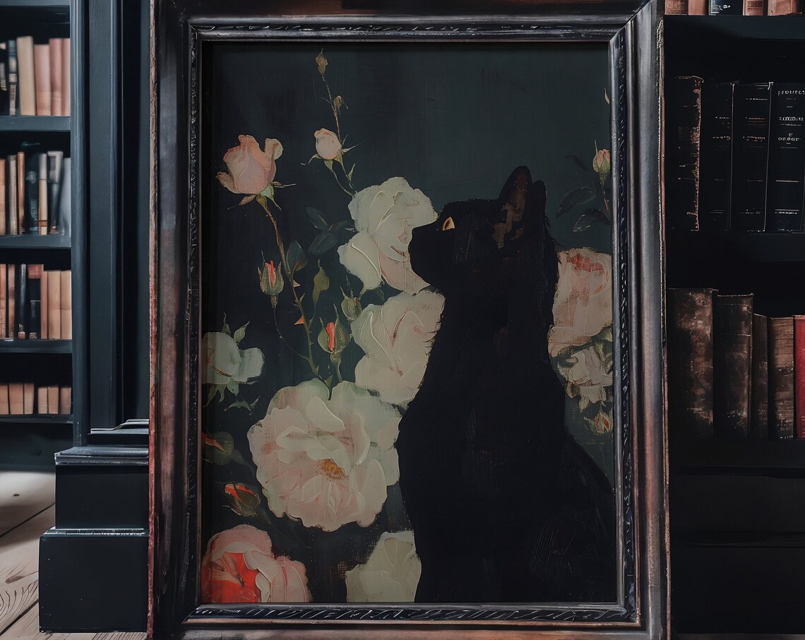 Black Cat and Moody Roses Gothic Wall Art Print - Image 3