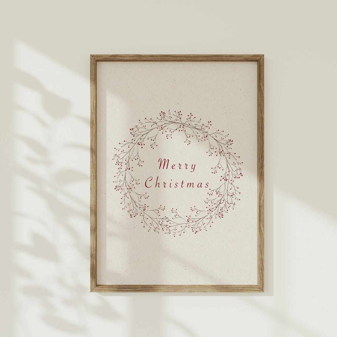 Merry Christmas Red Berry Wreath Minimalist Botanical Holiday Poster