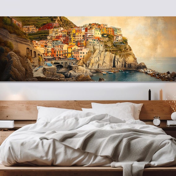 Scenic Manarola Sunset Painting Print Cinque Terre Wall Art Manarola Wall Art Cinque Terre Painting Framed And Ready To Hang