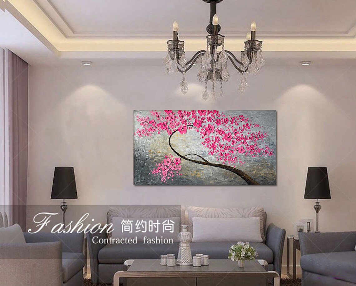 Large Art Peach Cherry Blossom Painting Pink Flower Tree Impasto Oil Painting On Living Room Decor Texture Art Palette Knife Painting - Image 2
