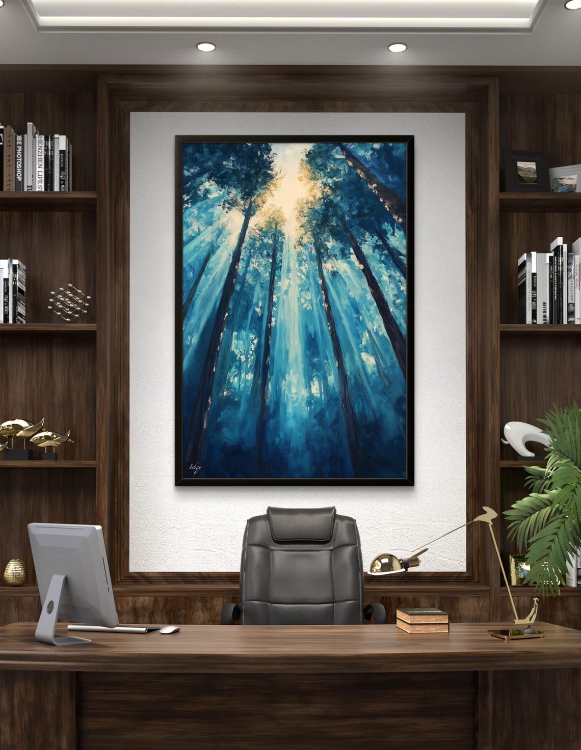 Forest Dawn Sunbeams Blue Pine Trees Magical Golden Light Poster - Image 3