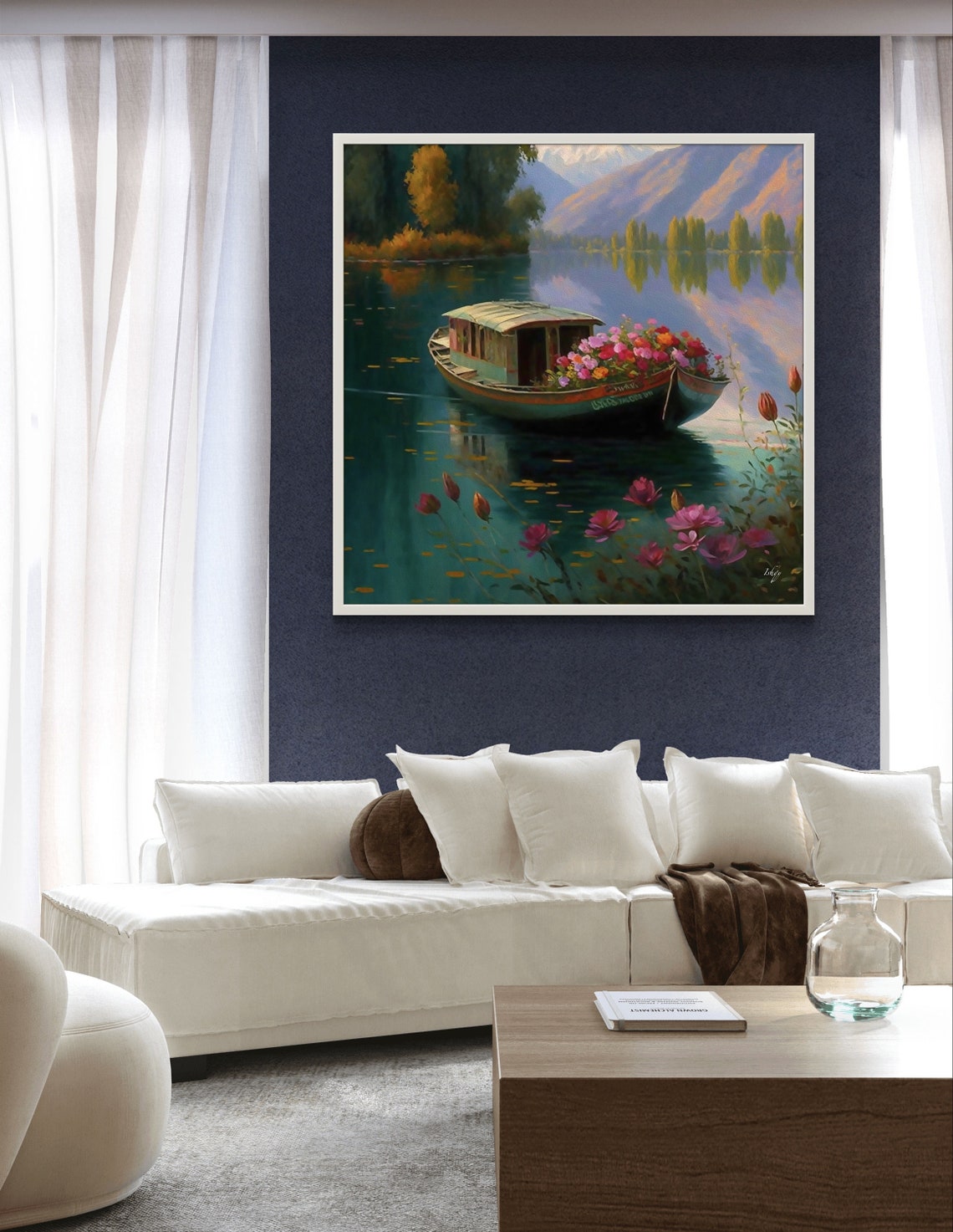 Flower-Laden Houseboat on a Calm Himalayan Lake Sunset Poster - Image 4