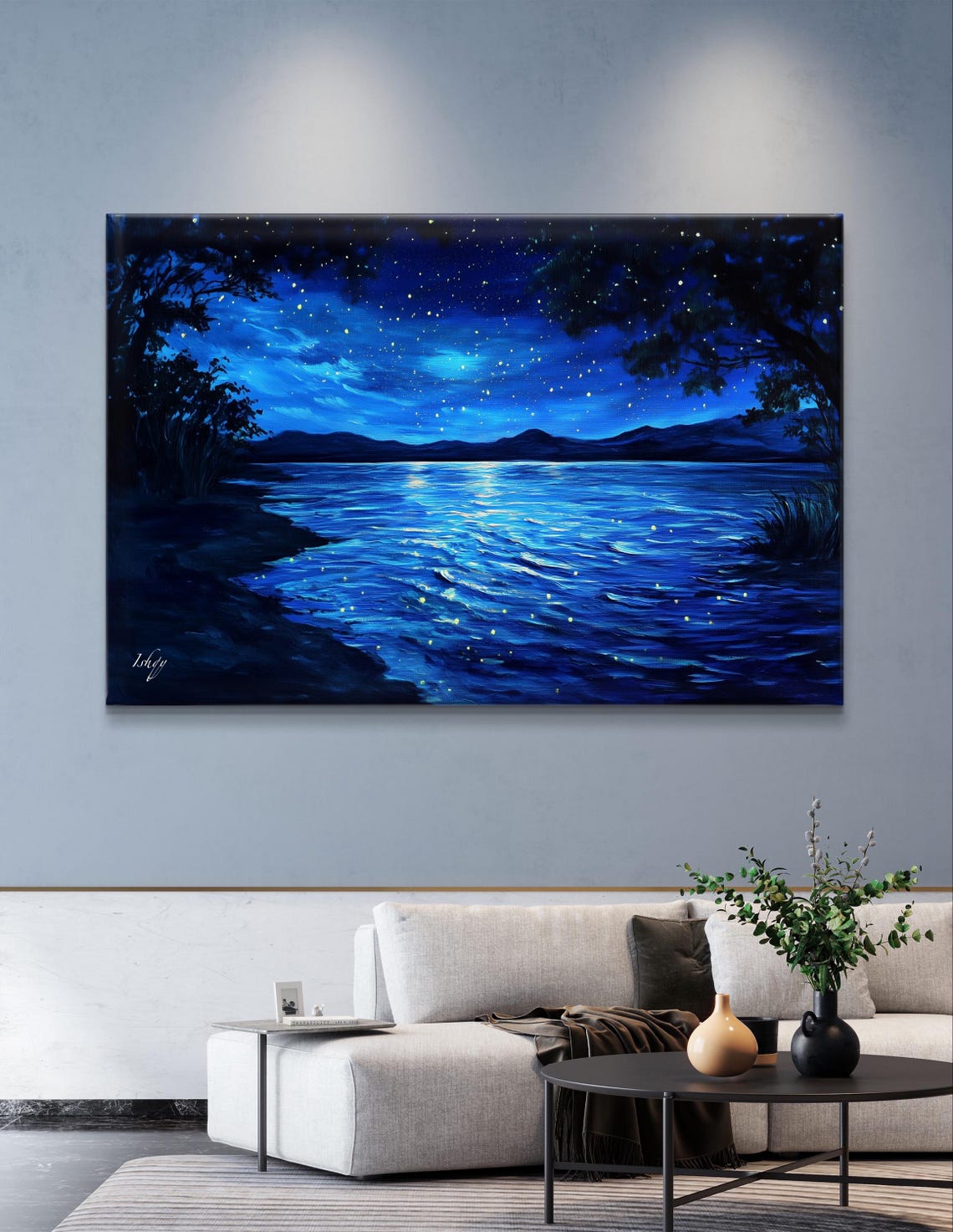 Moonlit Lake Under a Starry Night Sky with Glowing Fireflies Poster - Image 6