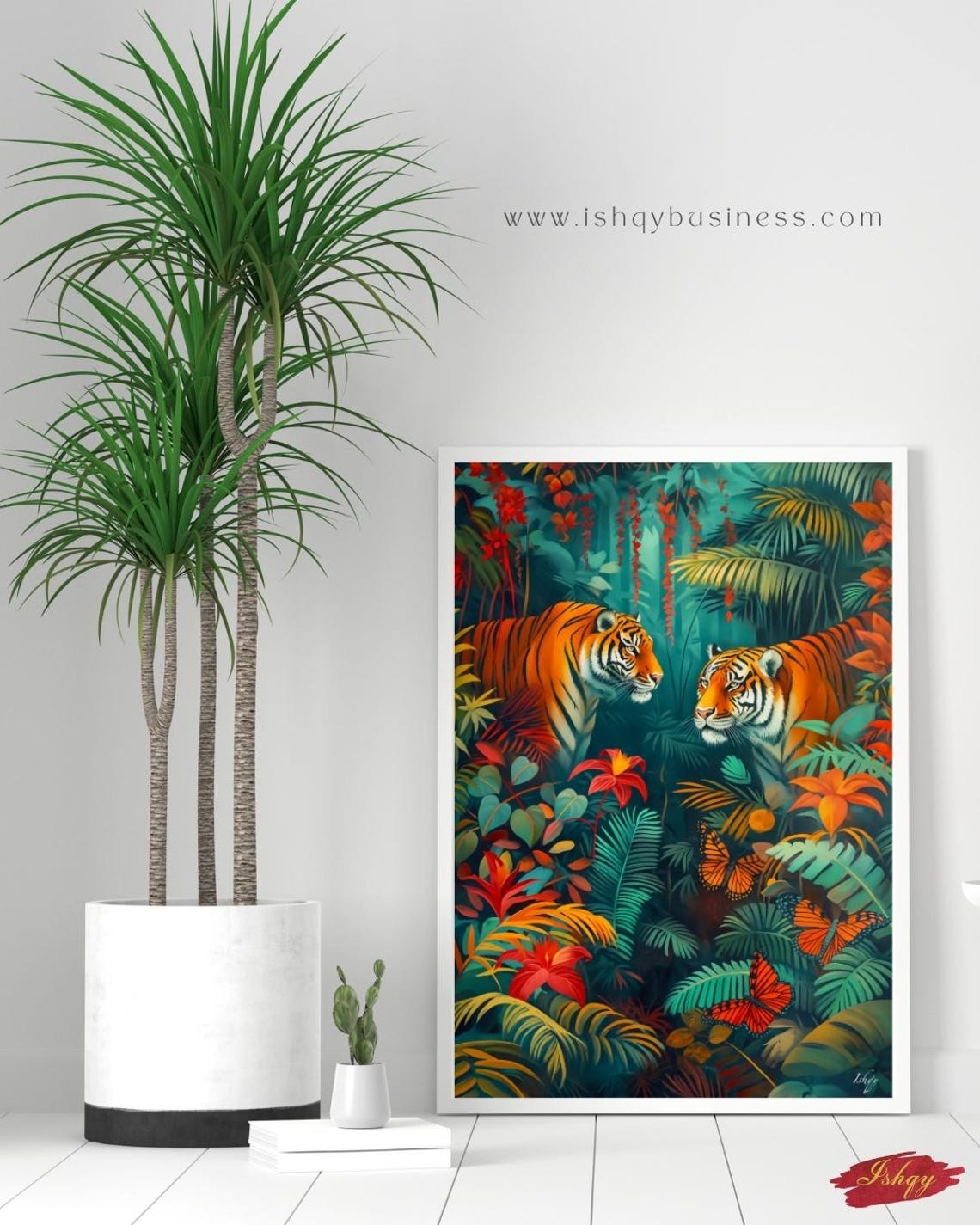 Two Tigers Facing Off In Lush Tropical Jungle Butterfly Art Poster - Image 2