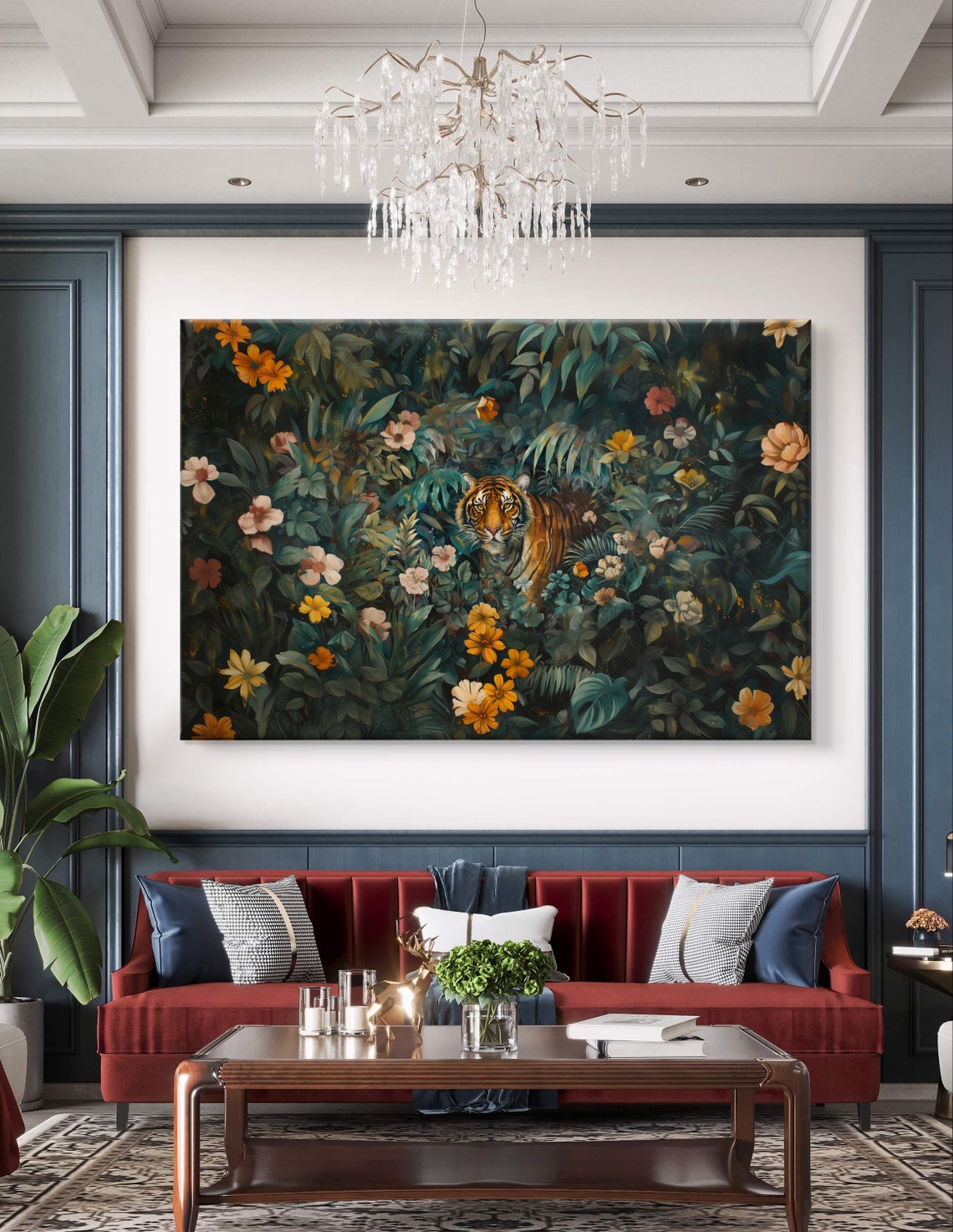 Tiger Walking Through Moody Botanical Jungle Blossoms Art Poster - Image 5
