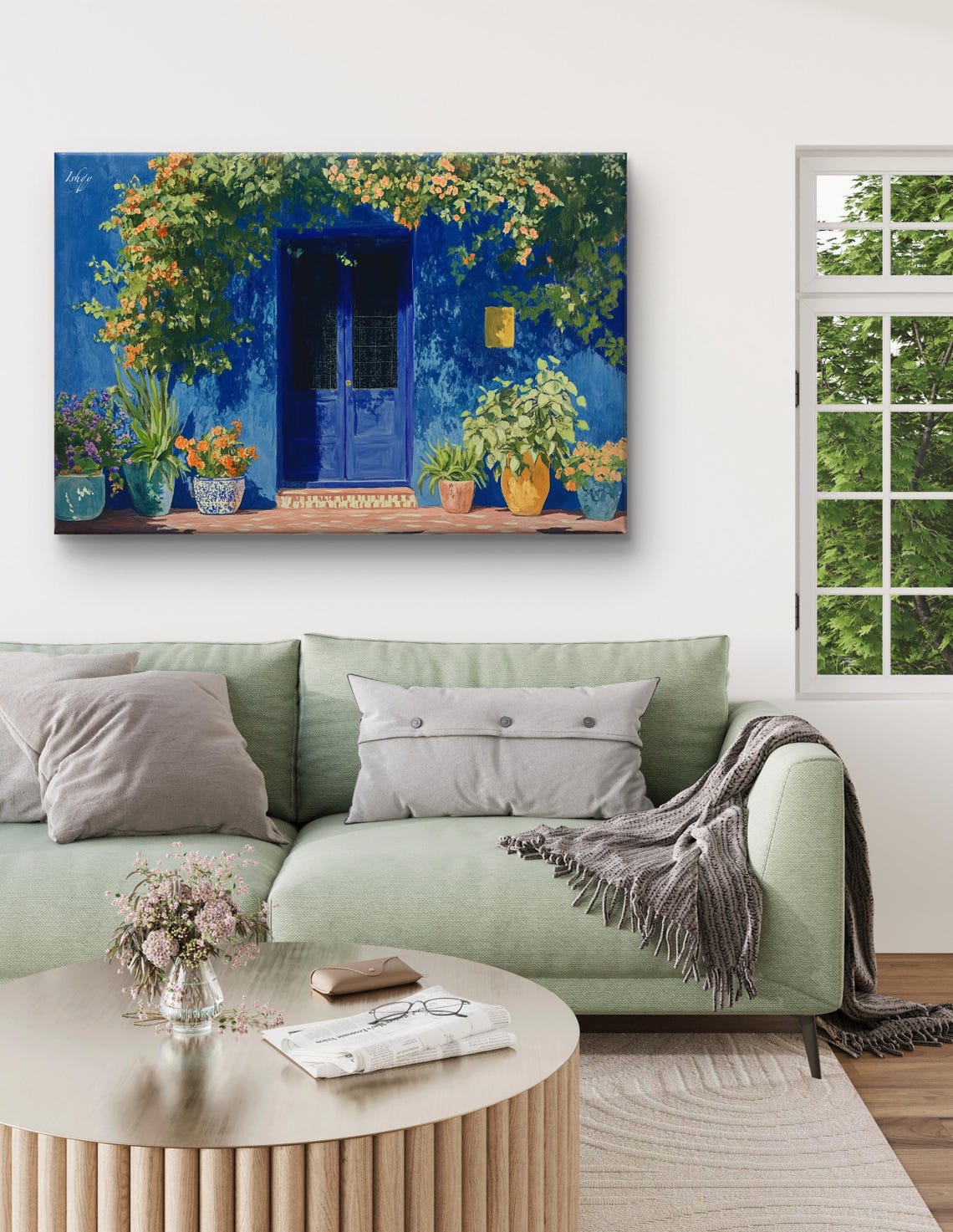 Cobalt Blue Moroccan Doorway Framed by Flowers Painting Poster - Image 7