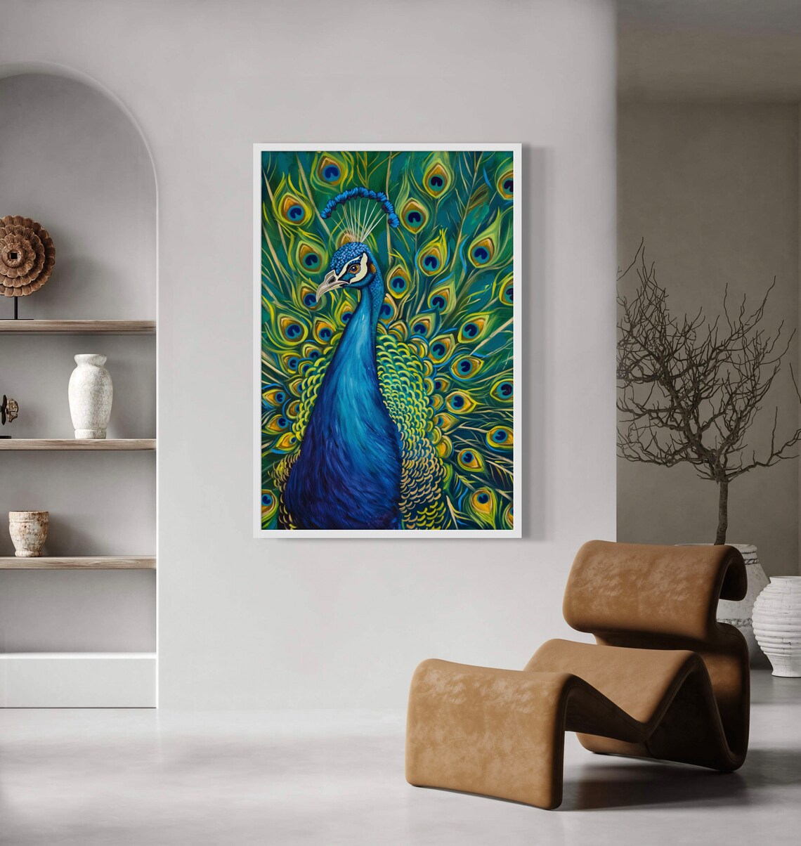 Peacock Portrait with Iridescent Feather Fan Painting Poster - Image 3