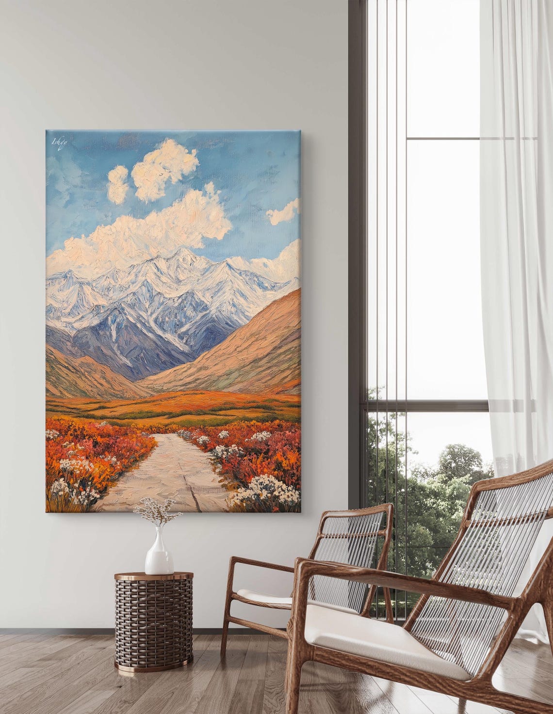Snowy Mountain Peak Fiery Autumn Meadow Wildflower Path Poster - Image 6