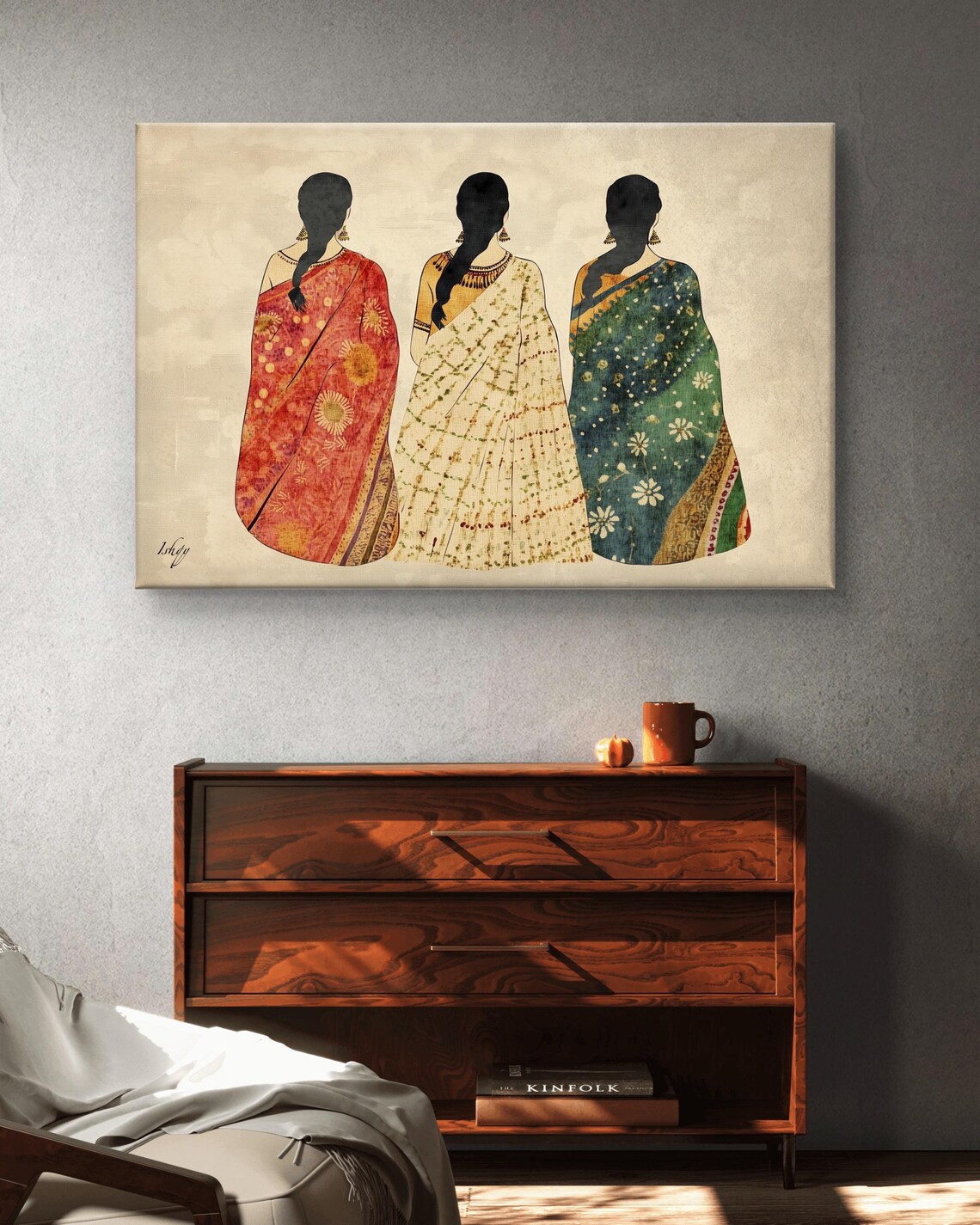 Three Graceful Women in Sarees Back View Indian Heritage Art Poster - Image 6