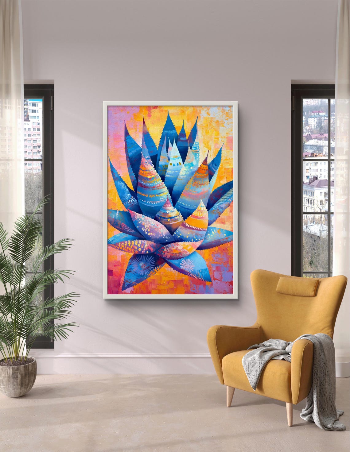 Decorative Blue Agave Colorful Folk Style Botanical Art Poster - Image 3