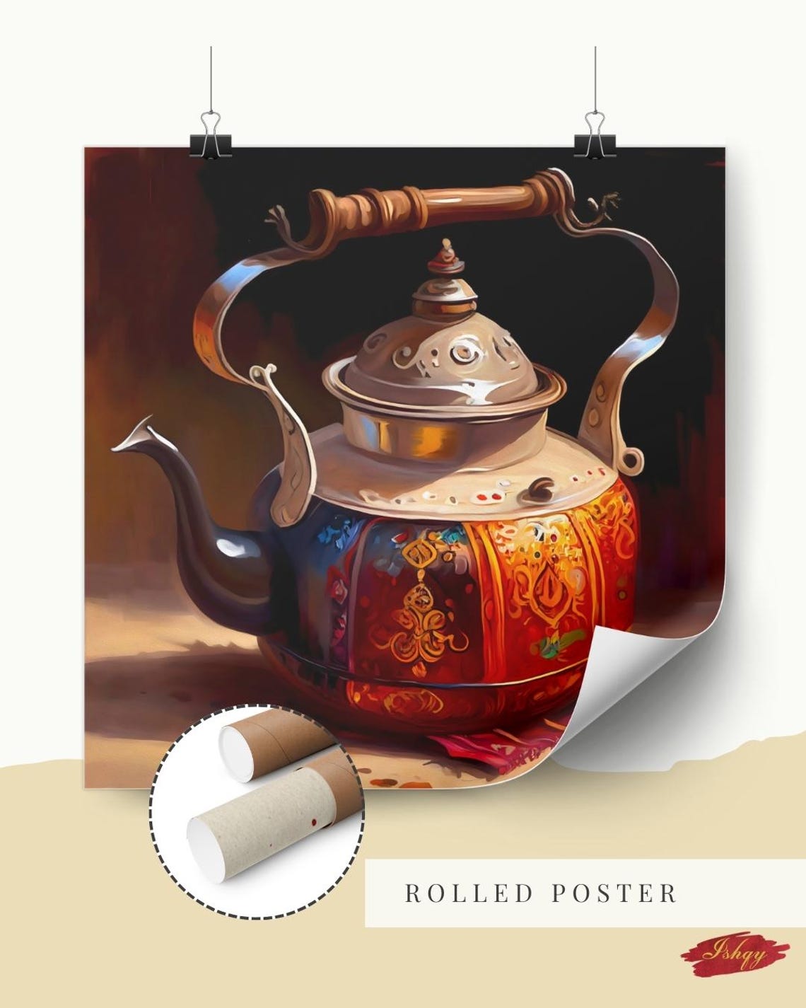 Ornate Red and Gold Decorated Traditional Teapot Kitchen Poster - Image 2