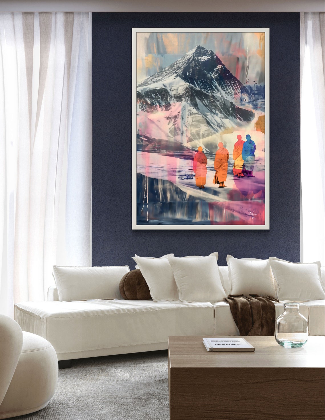 Tibetan Monks Walking Toward Snowy Mountain Peaks Art Poster - Image 4