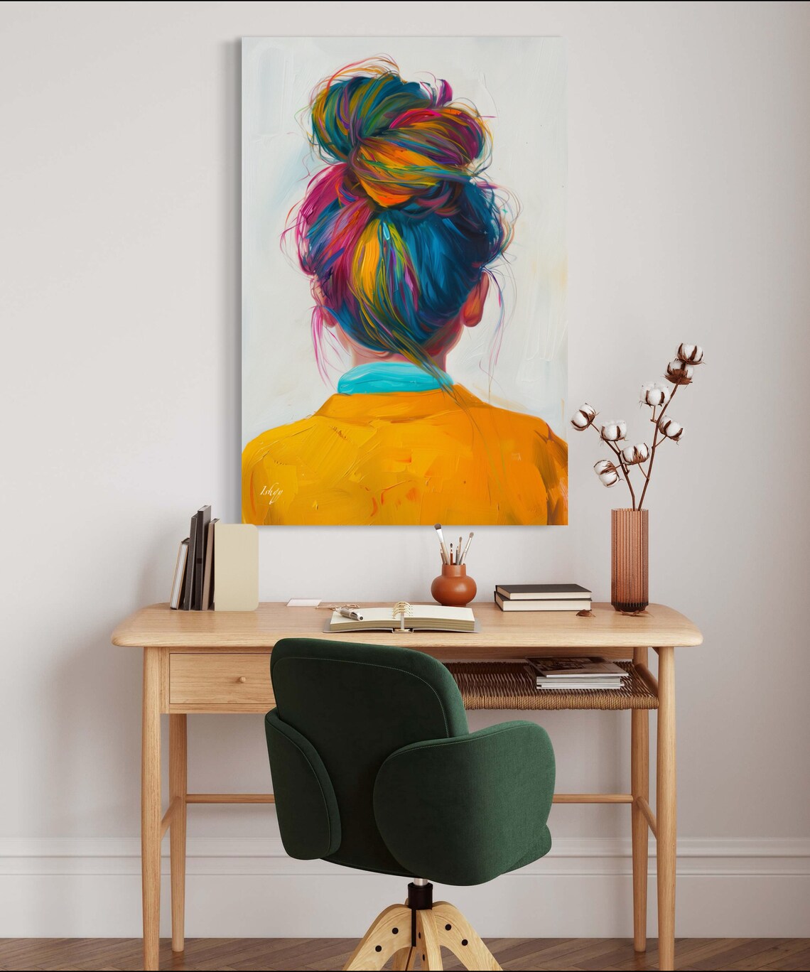 Woman Seen from Behind with Rainbow Colorful Hair Bun Art Poster - Image 4