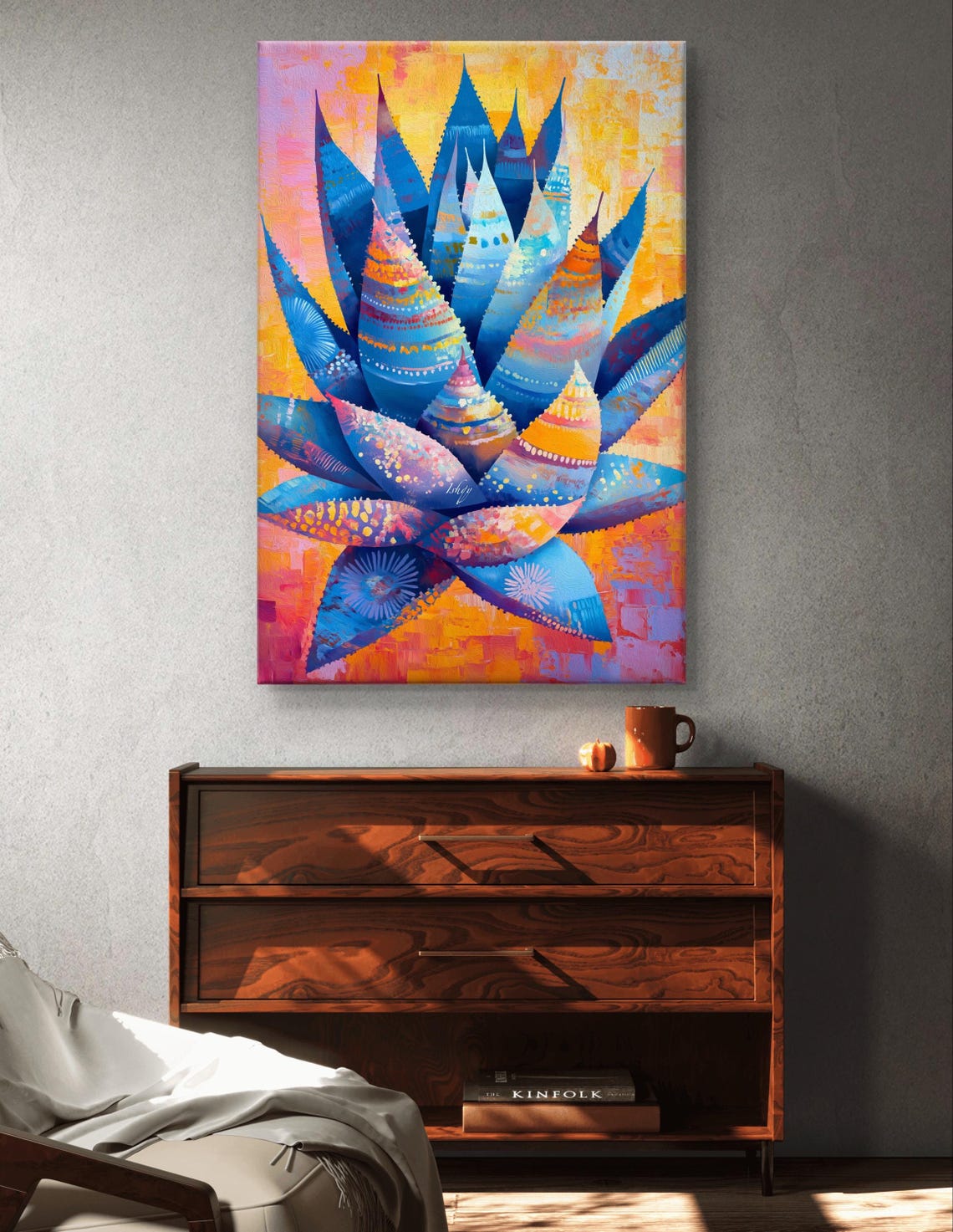 Decorative Blue Agave Colorful Folk Style Botanical Art Poster - Image 4