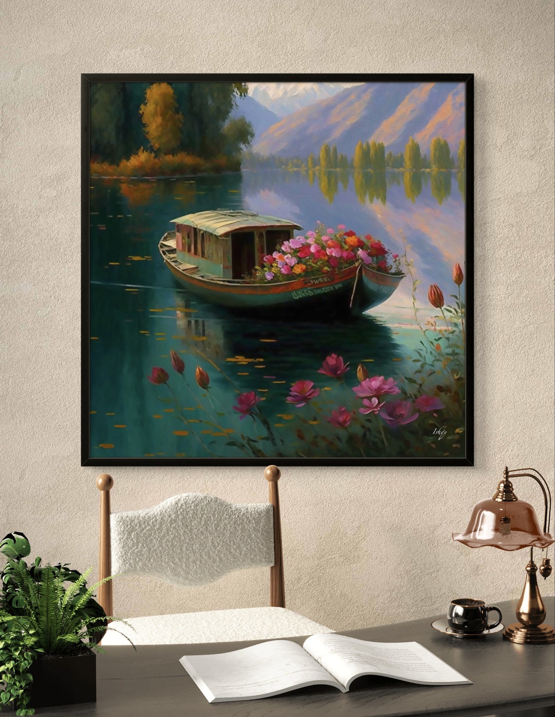 Flower-Laden Houseboat on a Calm Himalayan Lake Sunset Poster - Image 3