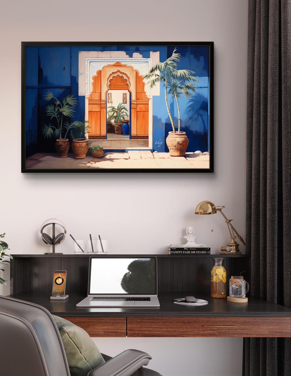 Blue Indian Haveli Wooden Door Clay Pots Courtyard Art Poster - Image 2