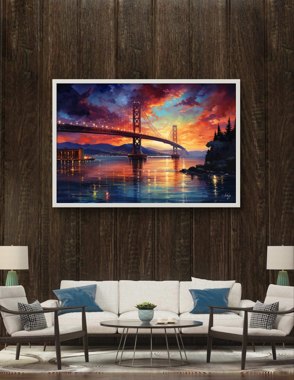 San Francisco Bay Bridge at Fiery Sunset Over Sparkling Water Poster - Image 2
