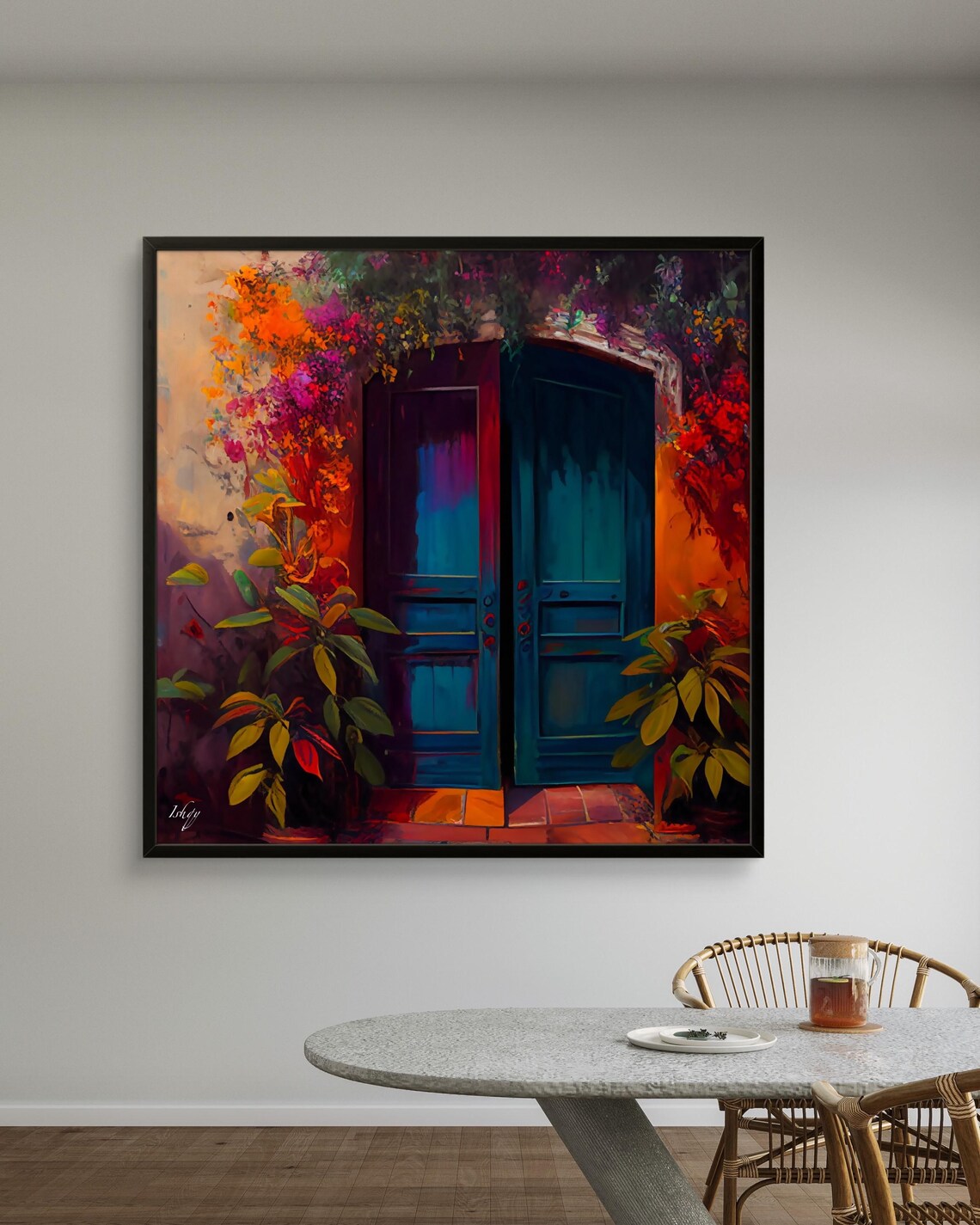 Teal Wooden Double Door Surrounded by Bright Flowers Garden Poster - Image 3