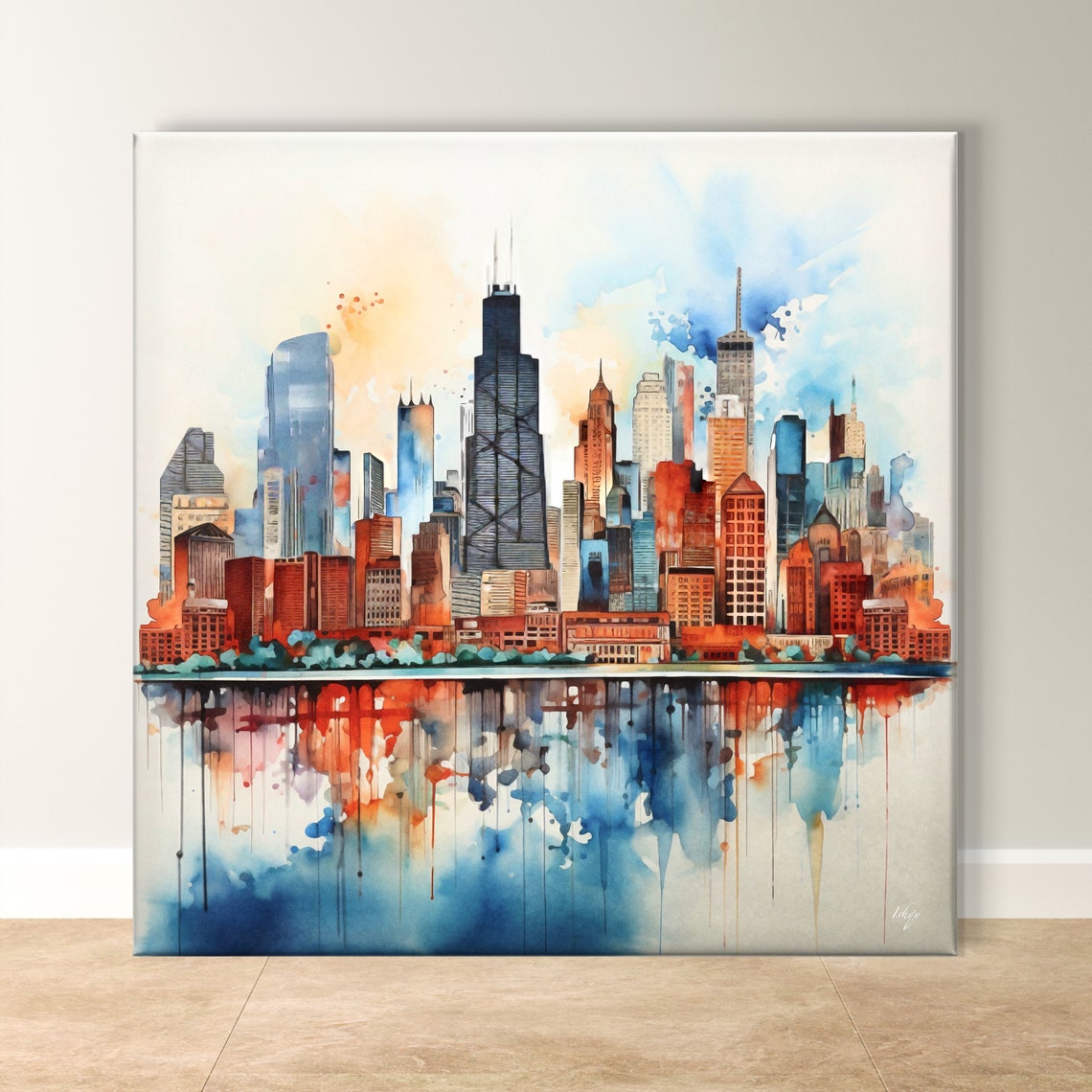 Chicago Skyline Watercolor with Reflective Water Mirror Art Poster