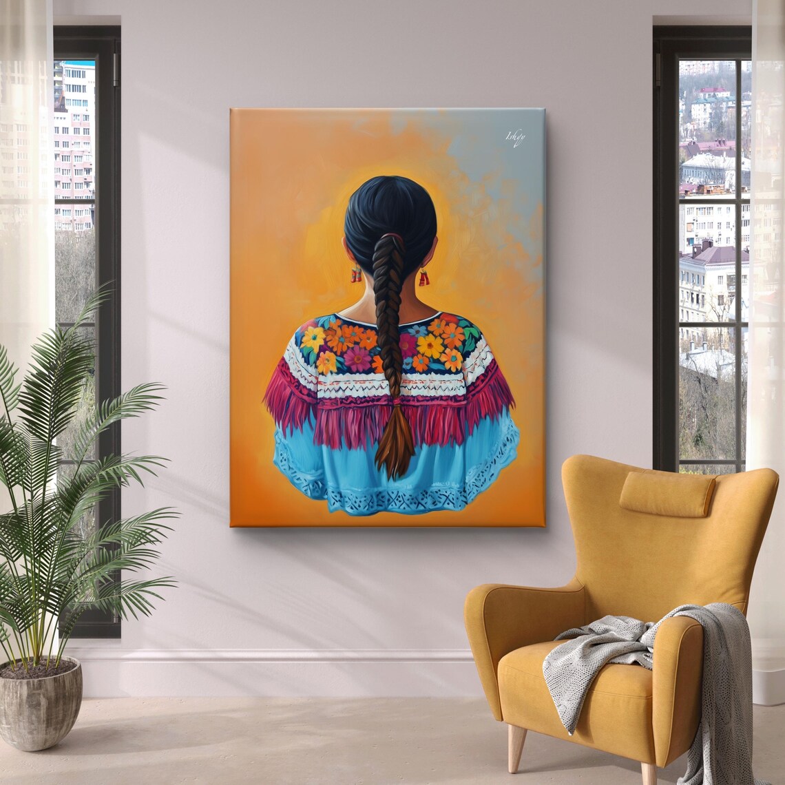 Oaxacan Woman in Colorful Embroidered Blouse Back View Poster - Image 4