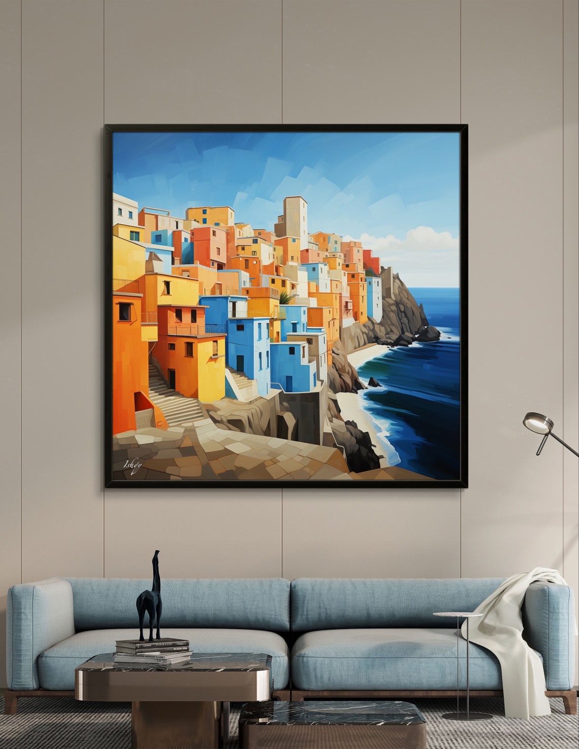 Colorful Mediterranean Cliffside Town by the Sea Daytime Poster - Image 3