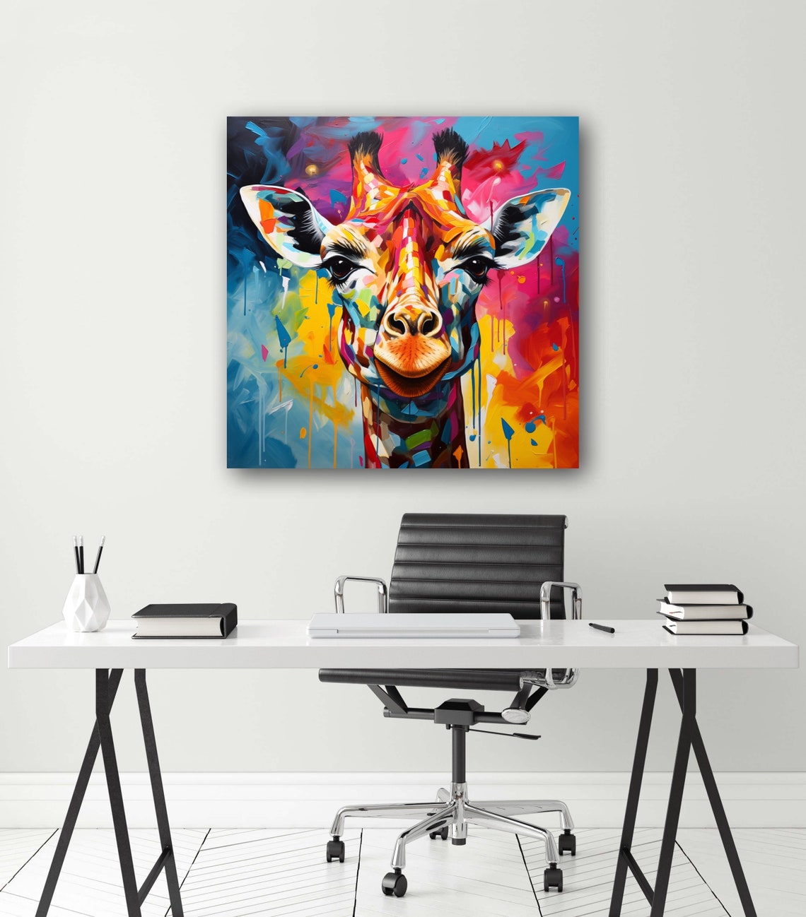 Colorful Pop Art Giraffe Portrait With Paint Drips Modern Poster - Image 4