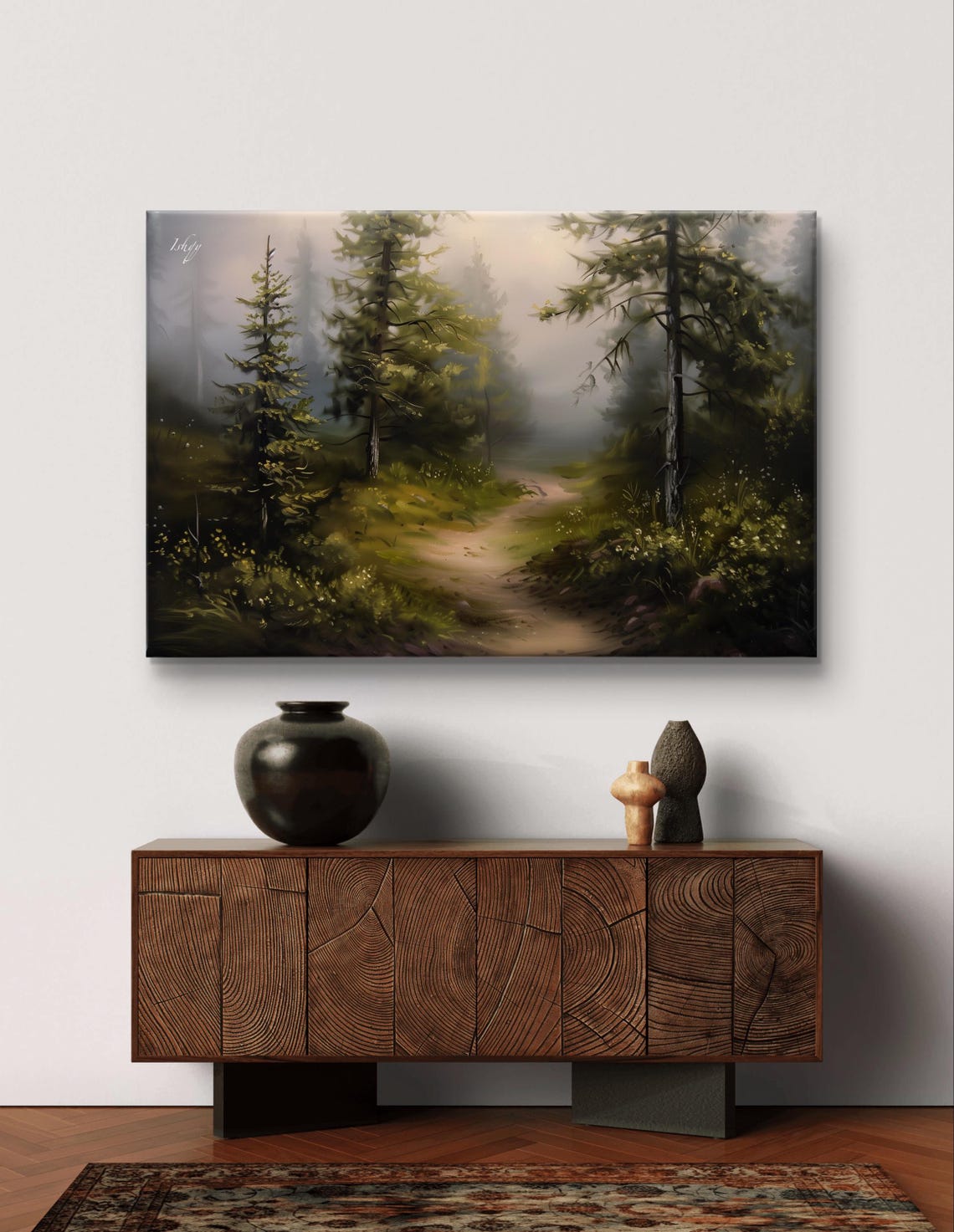 Foggy Evergreen Forest Path Serene Misty Morning Walk Poster - Image 6