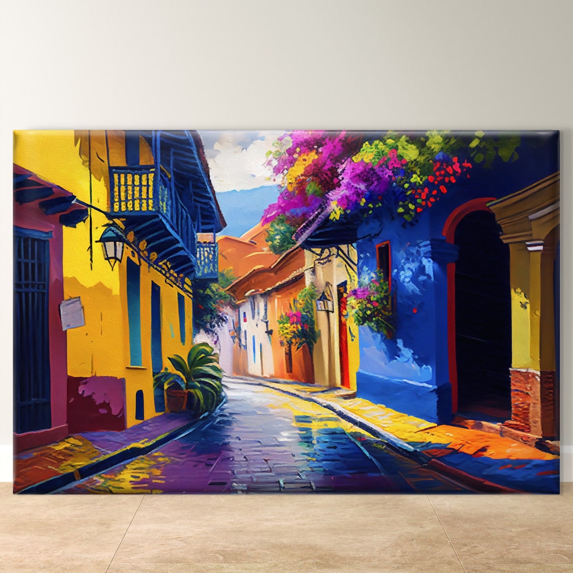 Vibrant Colonial Street Lined with Colorful Historic Houses Poster
