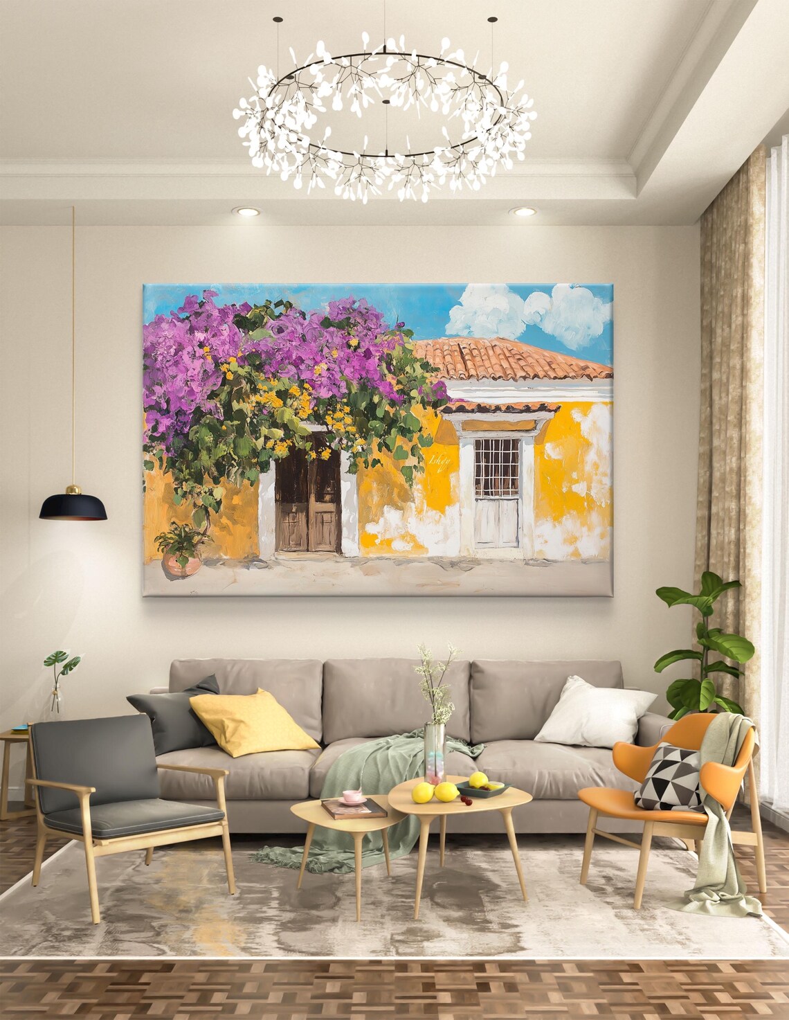 Yellow Colonial House Purple Bougainvillea Tropical Art Poster - Image 4
