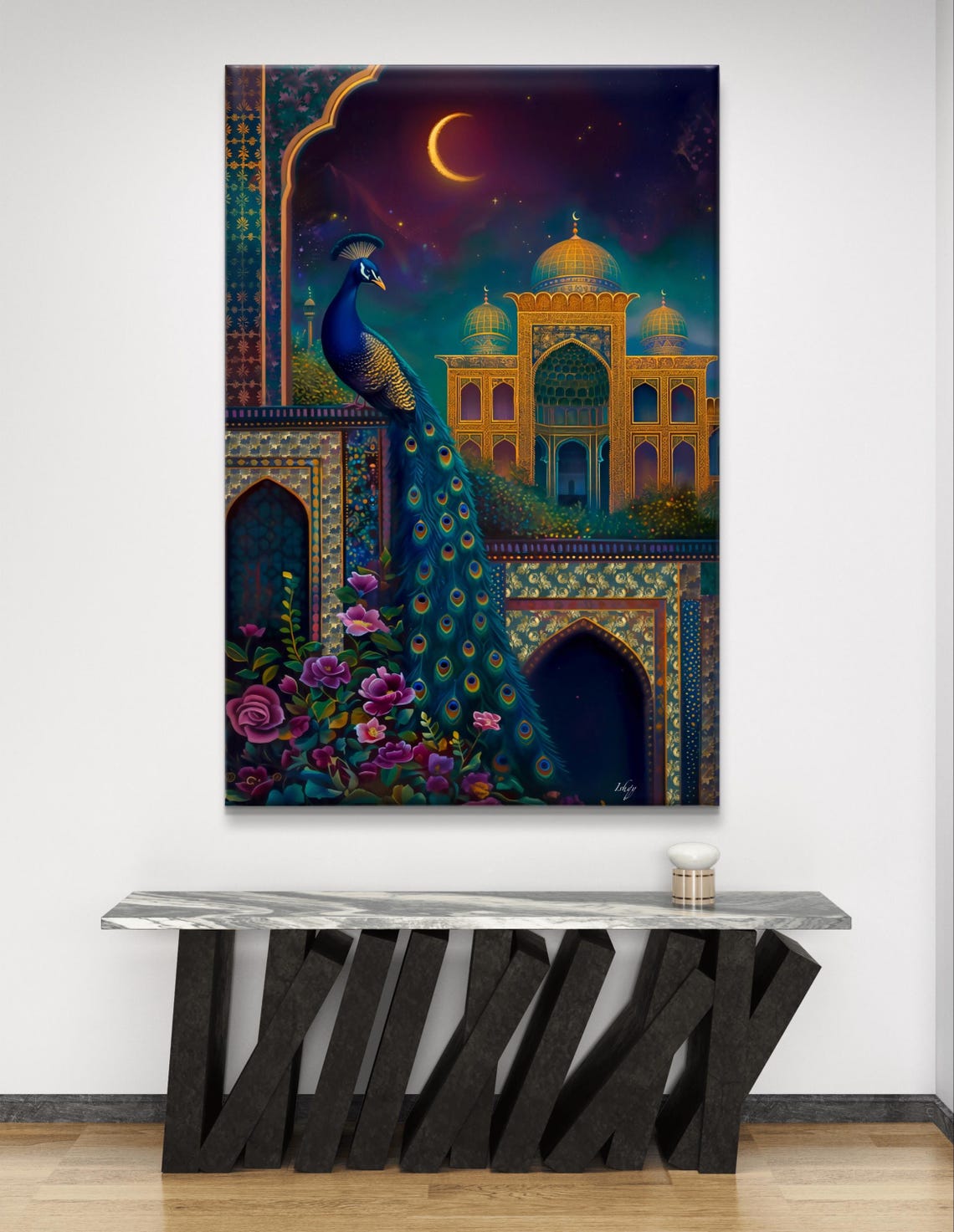 Peacock on Moonlit Indian Palace Crescent Night Royal Poster - Image 6