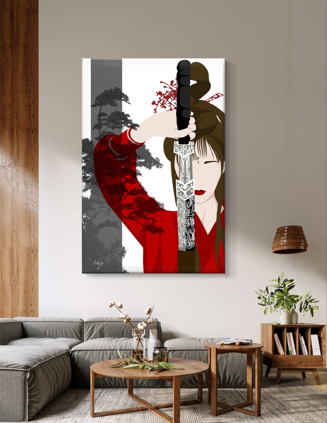 Japanese Warrior Woman Raised Katana Red Kimono Graphic Poster - Image 6