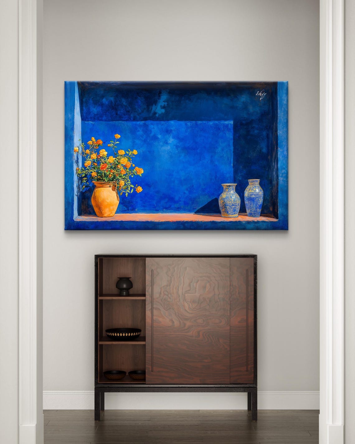 Cobalt Blue Moroccan Niche With Roses and Ceramic Vases Poster - Image 6