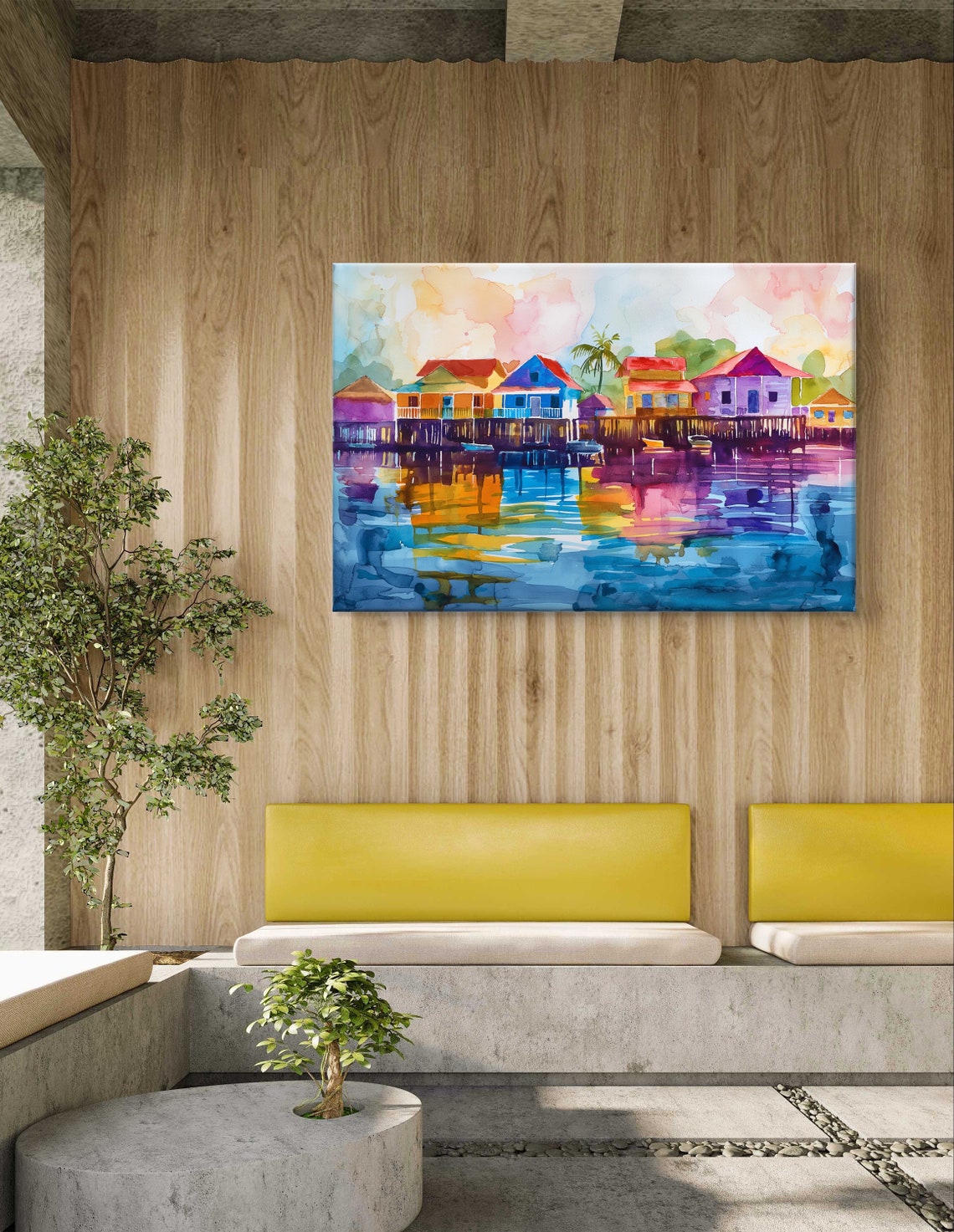 San Pedro Belize Stilt Houses Watercolor Reflection Art Poster - Image 6