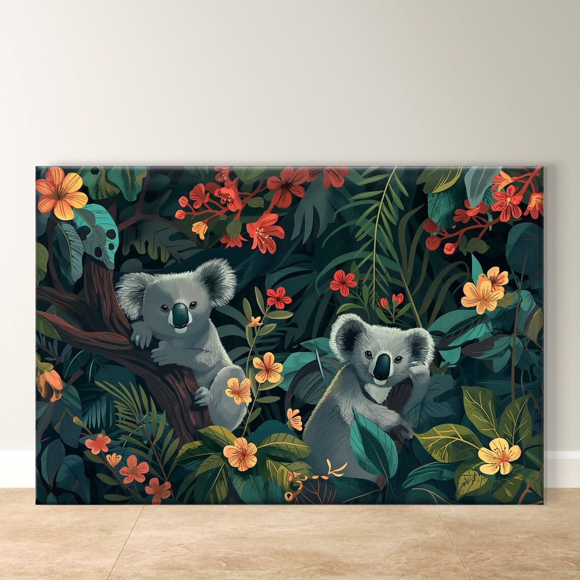 Two Cute Koalas In Flowering Jungle Whimsical Wildlife Poster