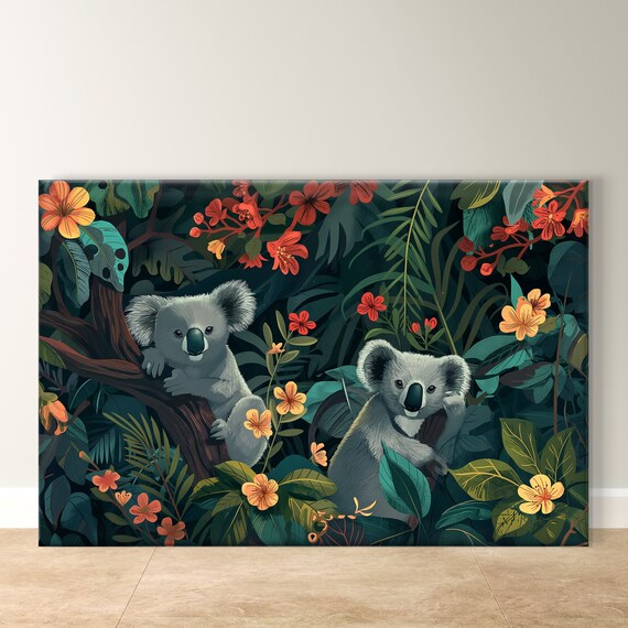Two Cute Koalas In Flowering Jungle Whimsical Wildlife Poster