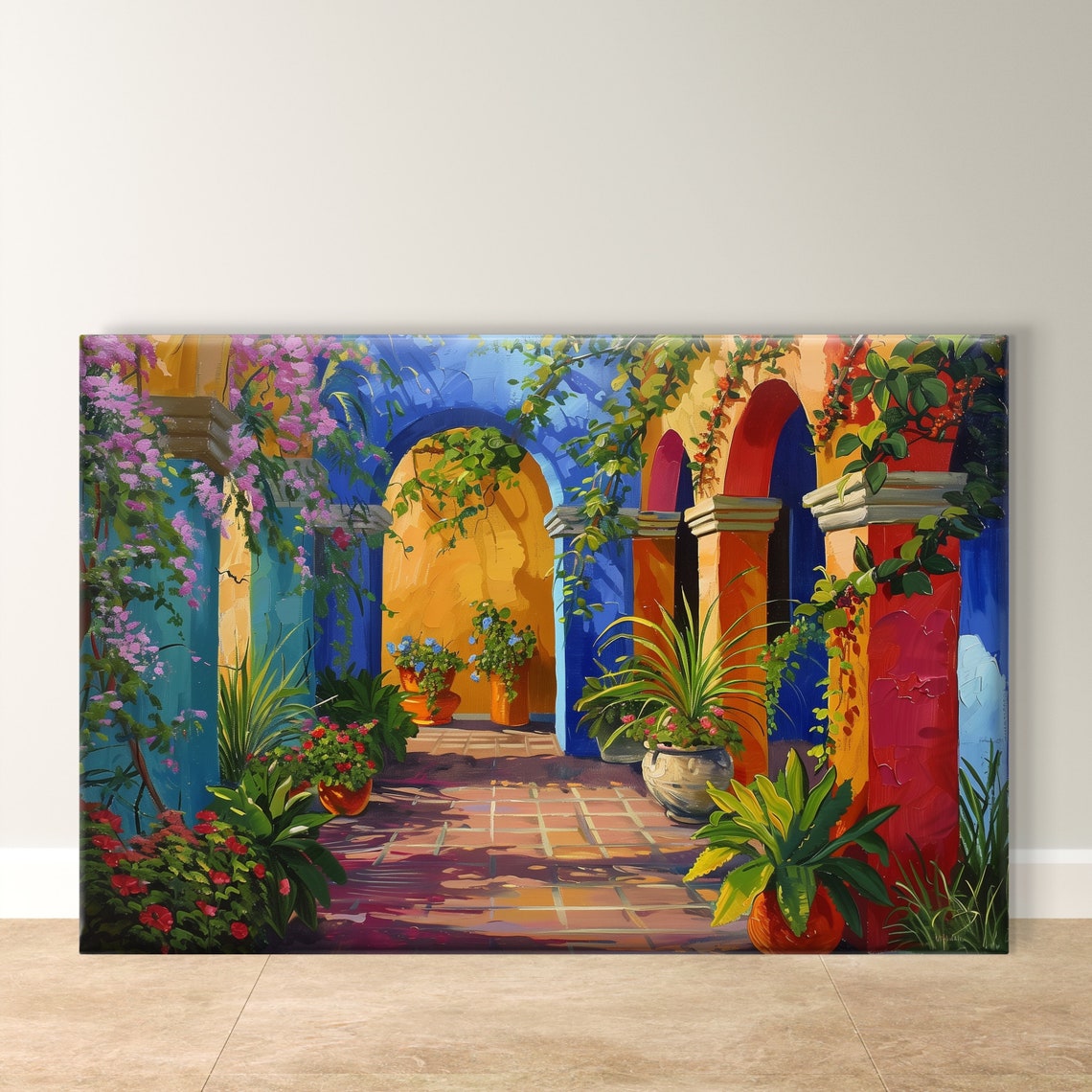 Cuernavaca Mexican Courtyard with Blue Arches and Flowers Poster