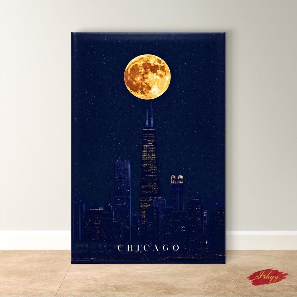 Chicago Skyline Night Full Moon Over Willis Tower City Poster