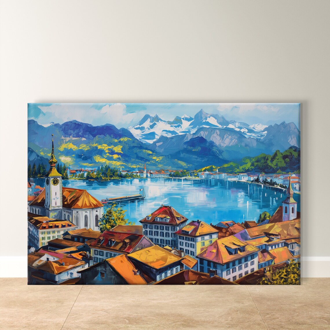 Lucerne Switzerland Old Town Lake and Snowy Alps Panorama Poster