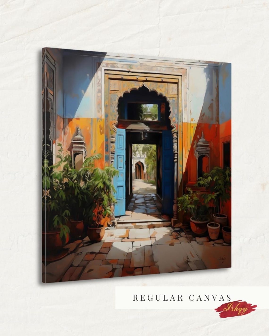 Indian Haveli Courtyard with Blue Doors and Archway Art Poster - Image 4