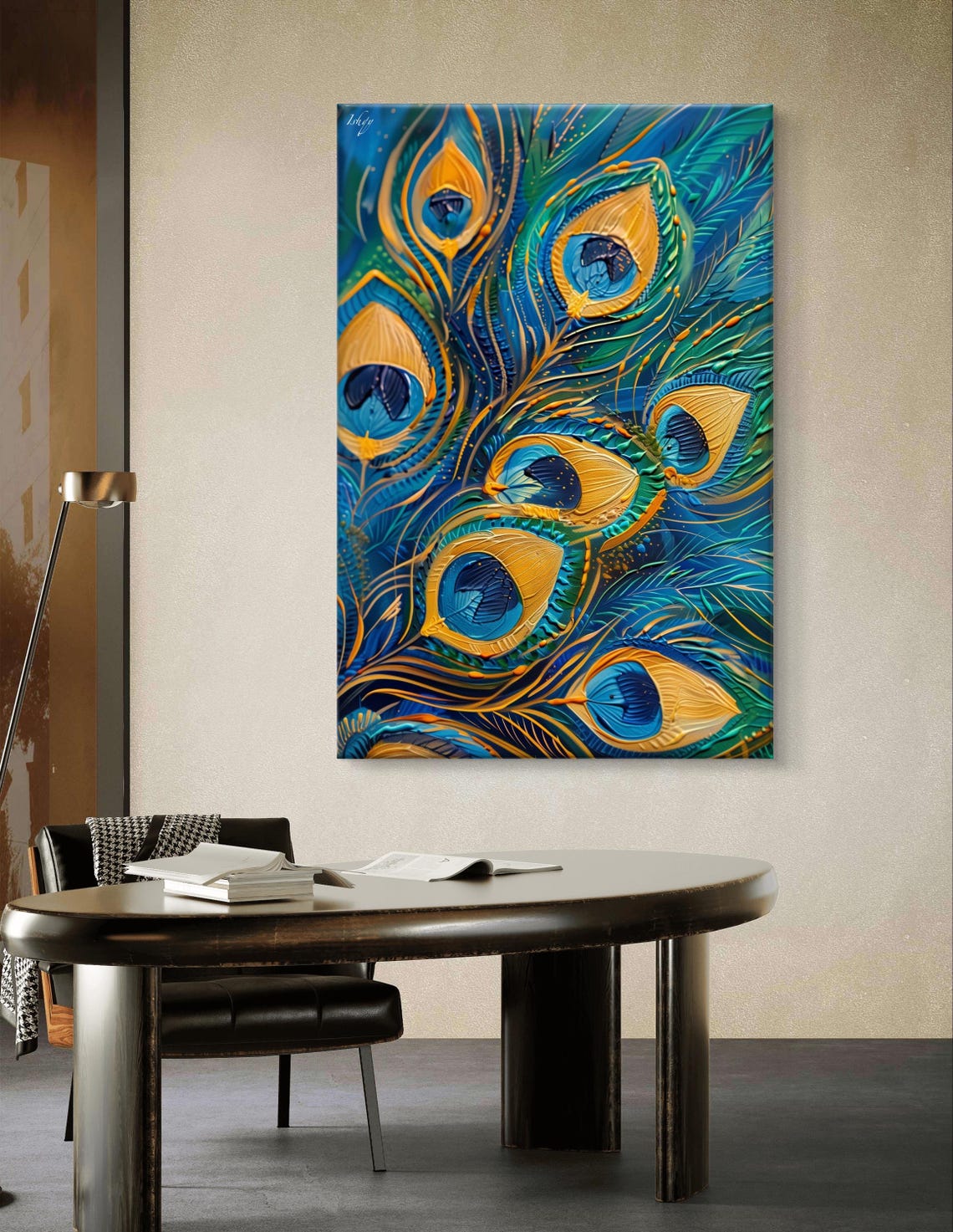Peacock Feathers Electric Blue Gold Swirling Detail Art Poster - Image 5